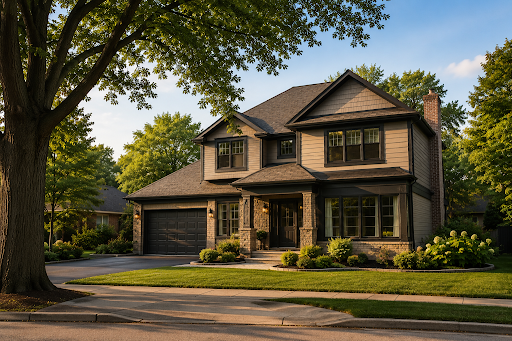 Warm-toned Craftsman home exterior with earth-tone siding and dark trim showcasing 2026 curb appeal painting trends in Park Ridge, IL