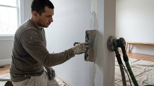 Drywall contractor skim coating a wall patch with a dustless sander in a Park Ridge, IL home