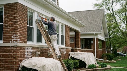 Painter on a ladder prepping window trim above the porch of a brick Park Ridge, IL home